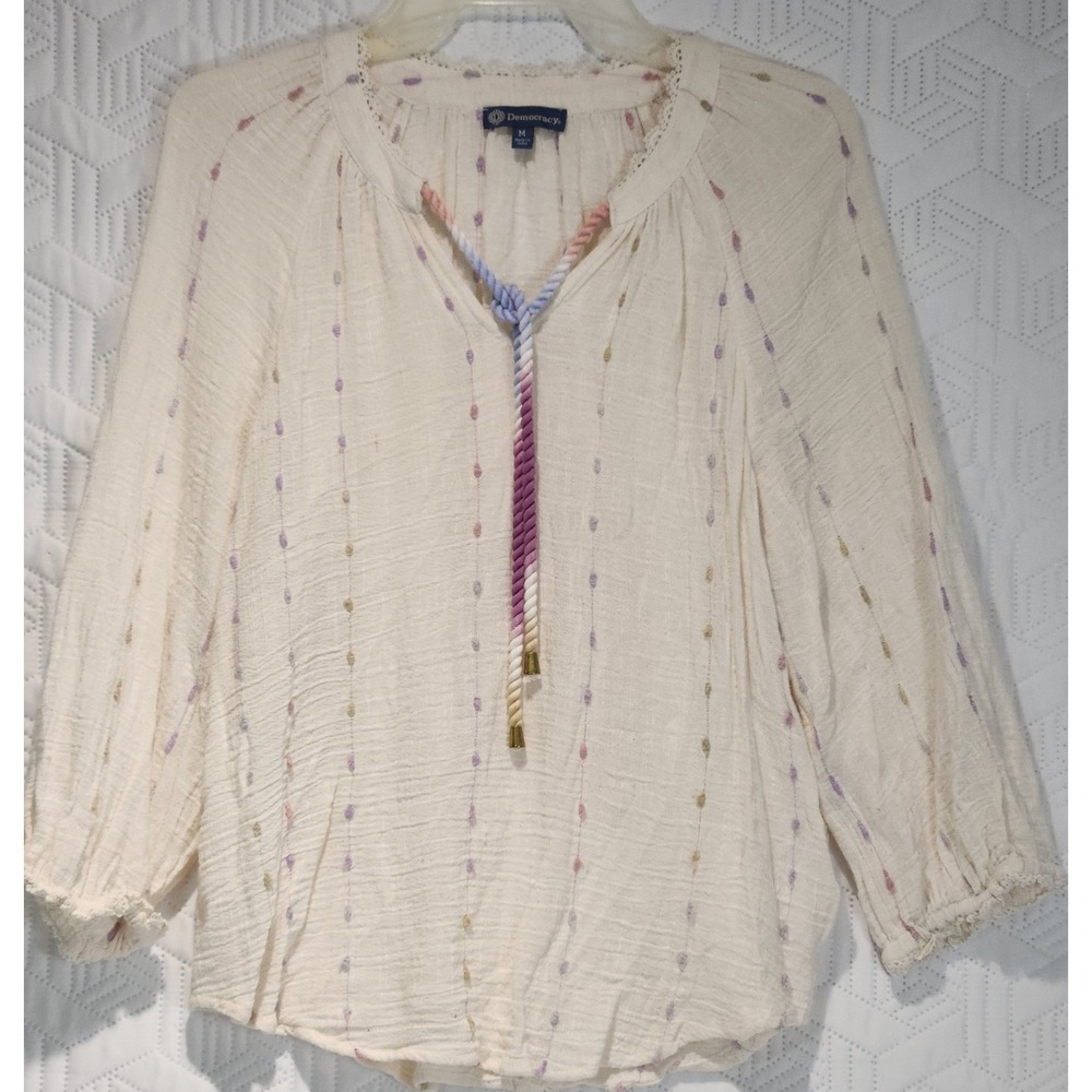 Democracy Womens Medium Peasant Blouse Top Multicolor Embroidered Details